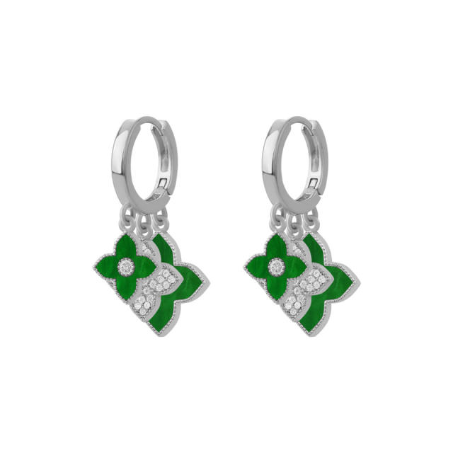 Classic rhinestone color clover 18KG huggie earrings