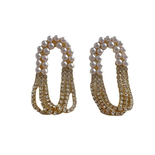 Korean fashion elegant pearl rhinestone tassel dangle earrings