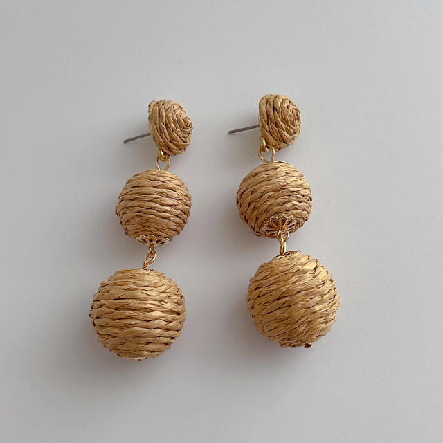 Boho handmade coloful straw ball holiday earrings