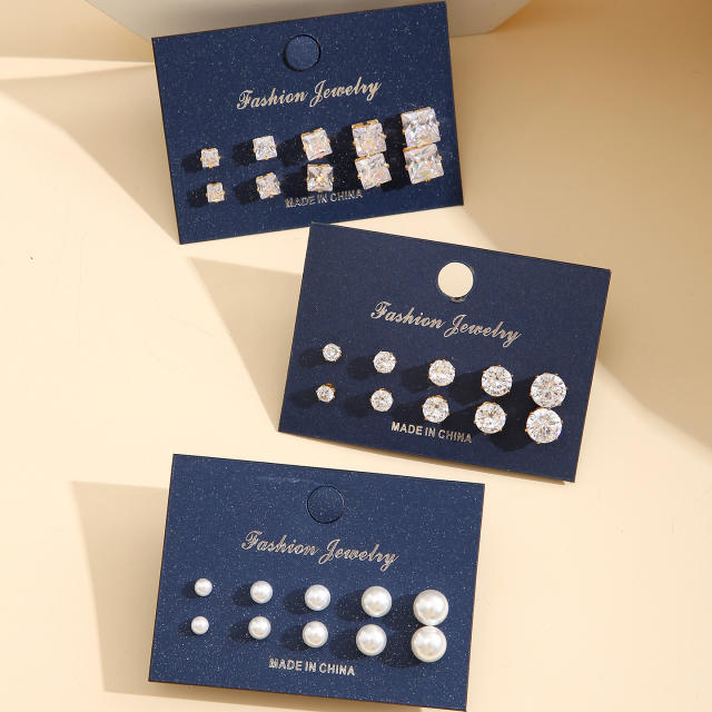 Classic pearl rhinestone ear studs set