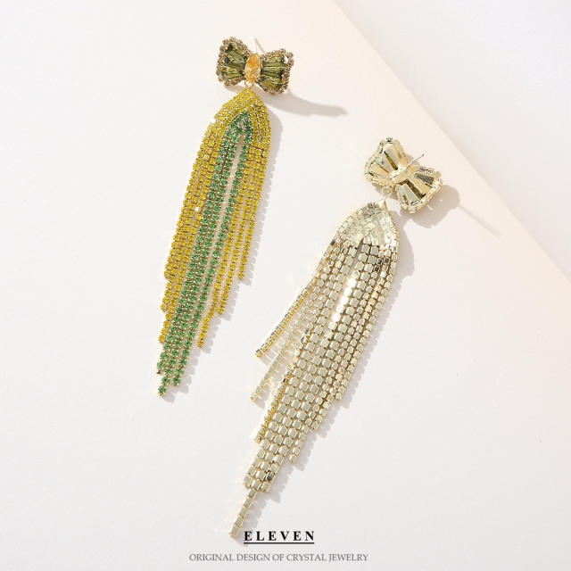 Sweet yellow color bow long tassel diamond earrings