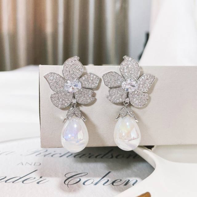 Luxury pave setting cubic zircon bloom flower pearl drop earrings