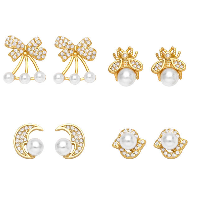 Cute bow bee rhinestone pearl studs