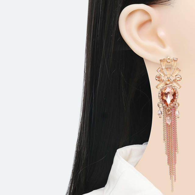 Boho pink color chain tassel glass crystal long earrings