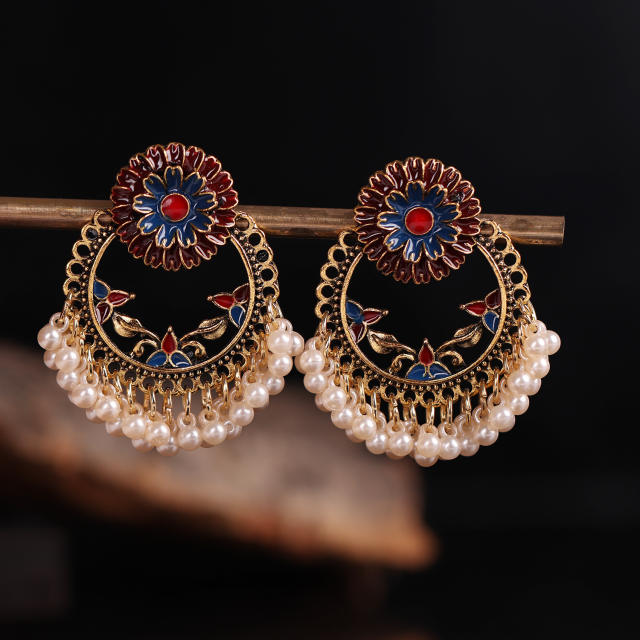 Enamel flower boho jhumka earrings