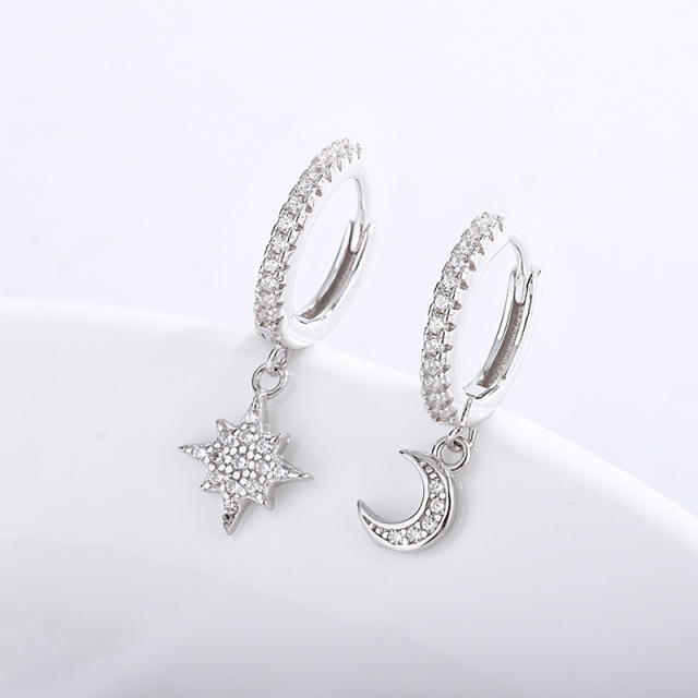 S925 silver moon star asymmetric huggie earrings