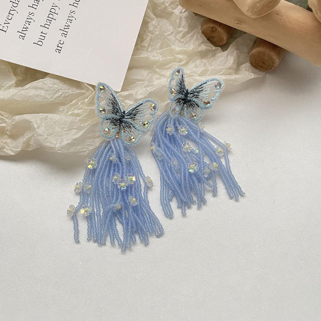 Elegant color beaded tassel butterfly earrings