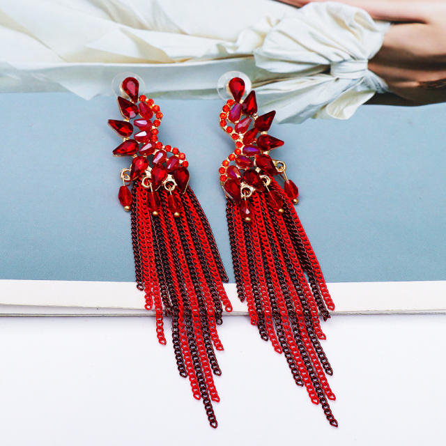 Geometric red color glass crystal chain tassel earrings