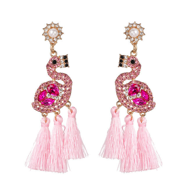 Creative Flamingo rhinestone statement tassel earrings