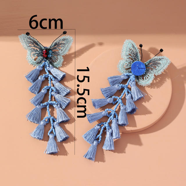 Boho colorful rope tassel butterfly flower dangle earrings