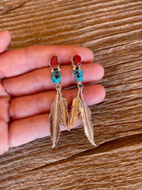 Boho feather two color dangle earrings