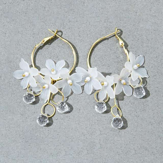 White color flower big hoop dangle earrings
