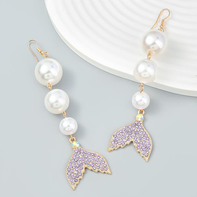Rhinestone tail faux pearl long earrings