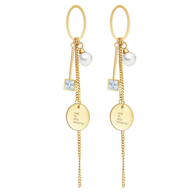 Korean fashion pearl chain tassel stainless steel dangle earrings