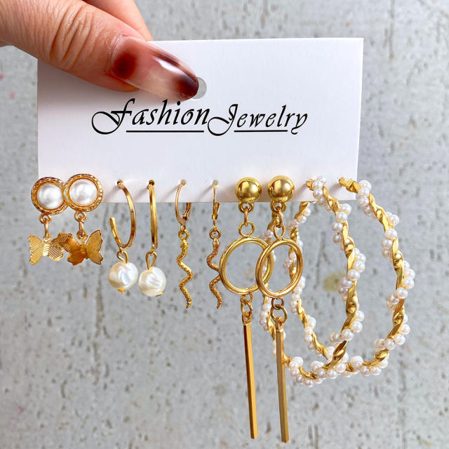 Vintage pearl beads butterfly dangle earrings set