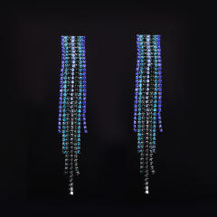Color rhinestone tassel long earrings