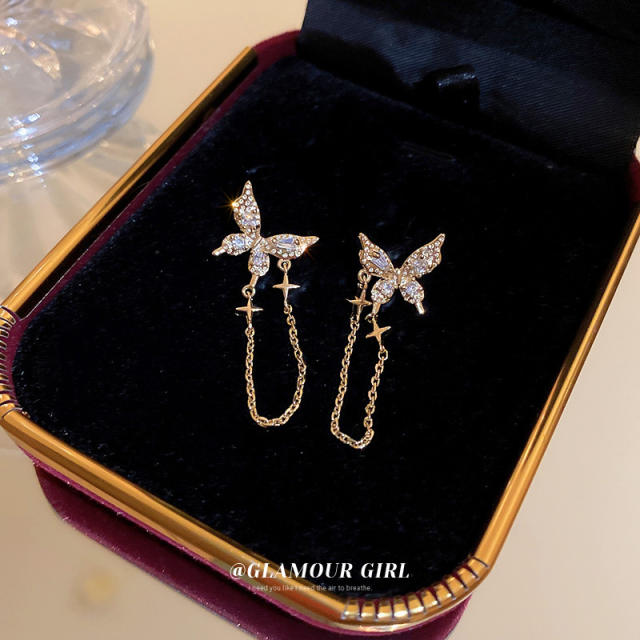 Rhinestone butterfly chain tassel earrings