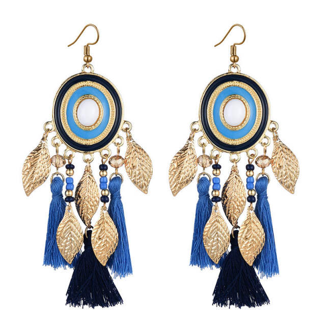 Boho gold color leaf color rope tassel long earrings