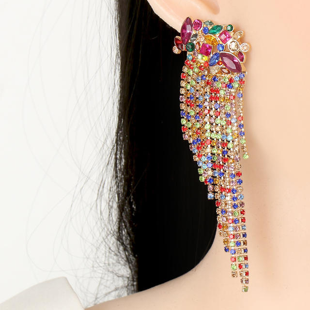 Boho color glass crystal flower rhinestone tassel earrings