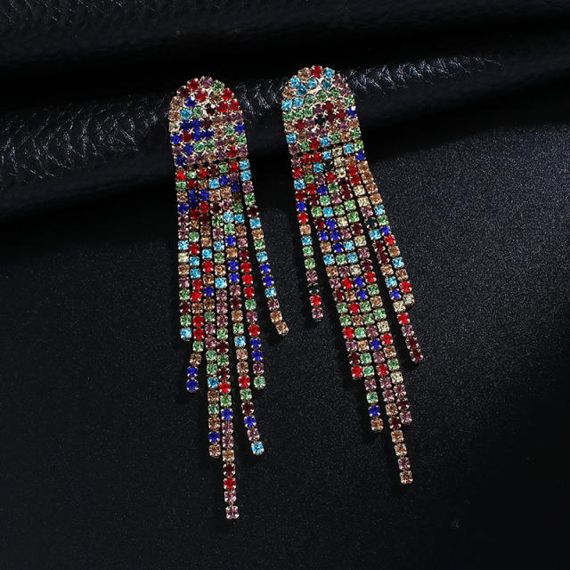 Delicate pave setting rhinestone long tassel earrings