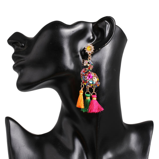 Creative Flamingo rhinestone statement tassel earrings