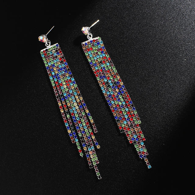 Pave setting rhinestone long tassel earrings