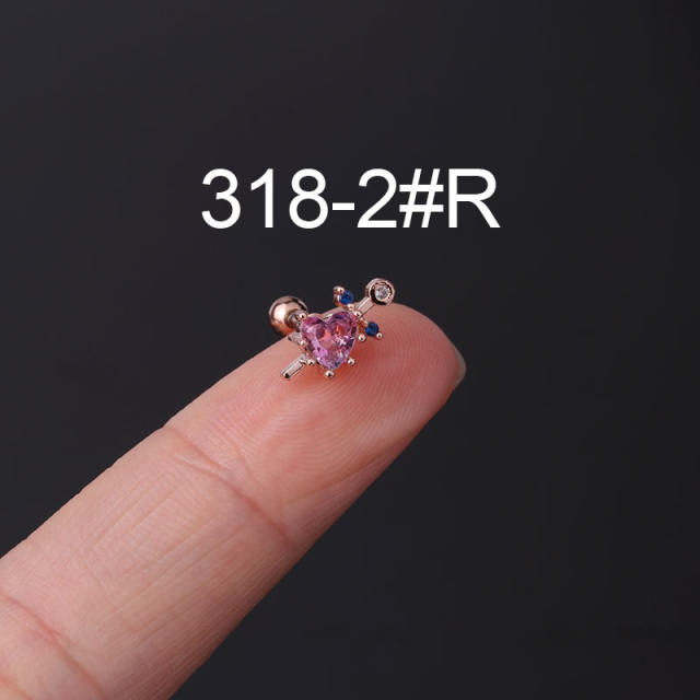 Pink color cubic zircon sweet stainless steel needle helix ear studs