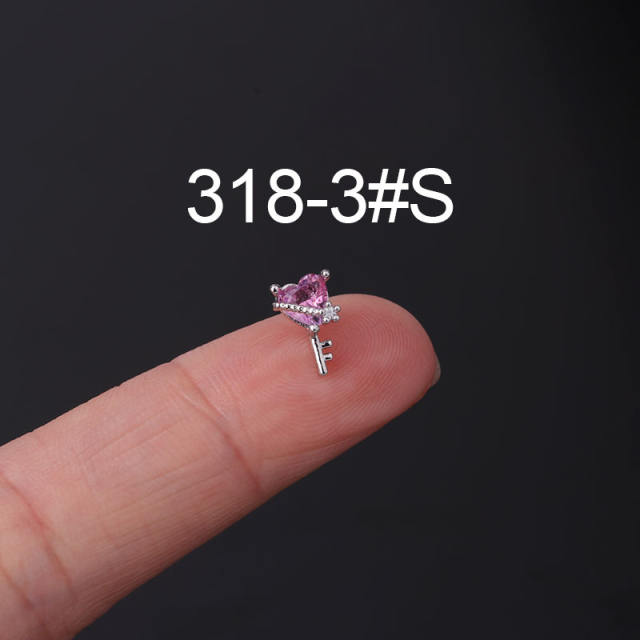 Pink color cubic zircon sweet stainless steel needle helix ear studs