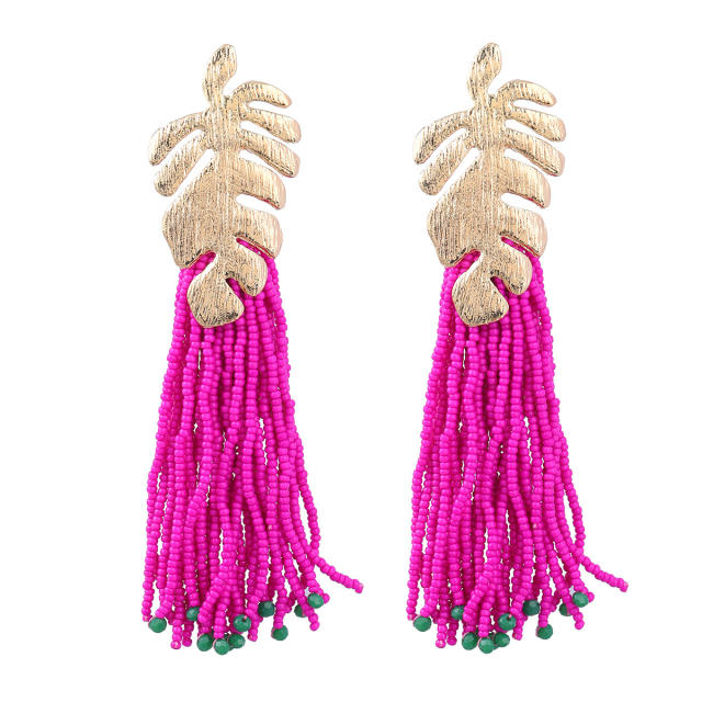 Color seed beads tassel gold leaf boho earrings