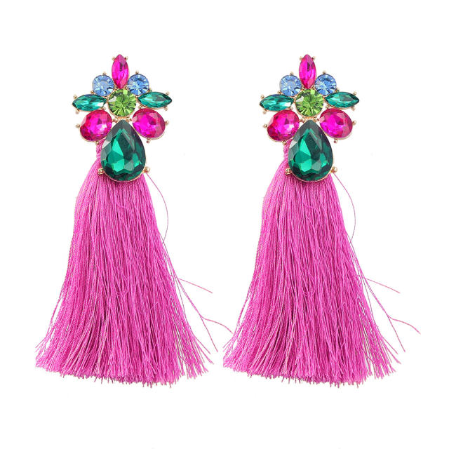 Color glass crystal statement tassel boho earrings