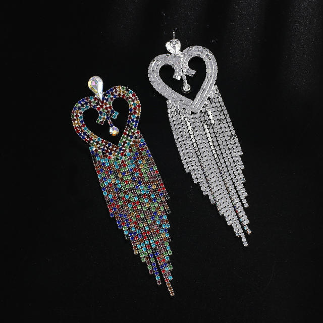 Color rhinestont pave setting long tassel heart earrings