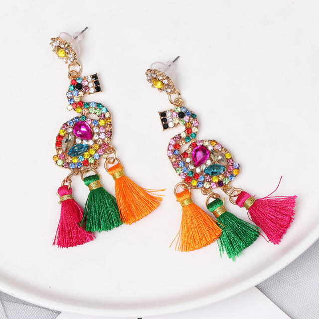 Creative Flamingo rhinestone statement tassel earrings