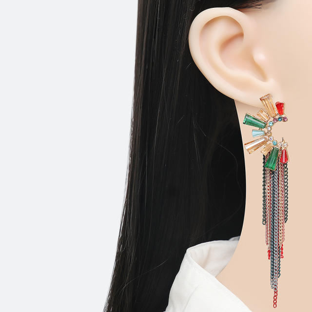 Boho color glass crystal chain tassel earrings
