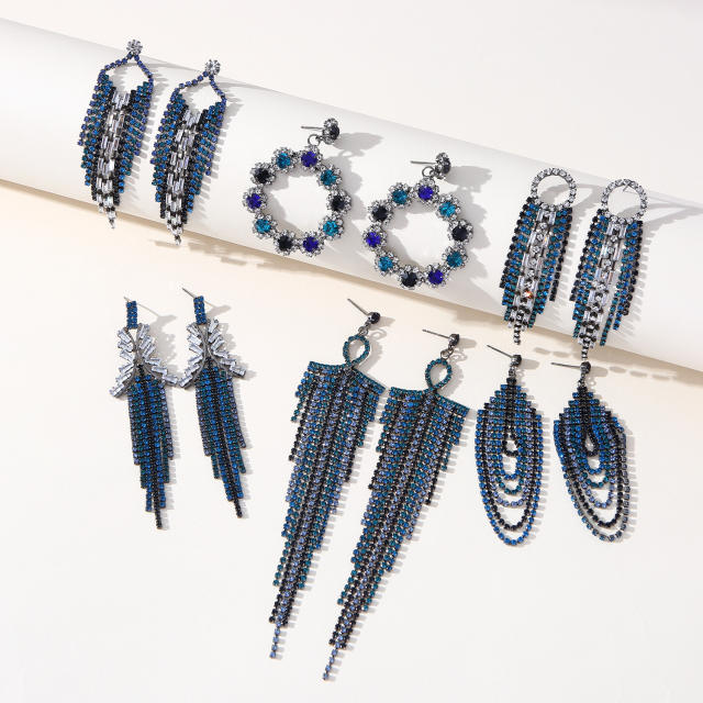 Hot sale navy blue diamond tassel earrings