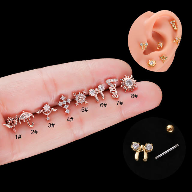 Stainless steel needle cubic zircon butterfly bow tiny ear studs