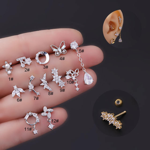 Stainless steel needle cubic zircon flower butterfly helix ear studs