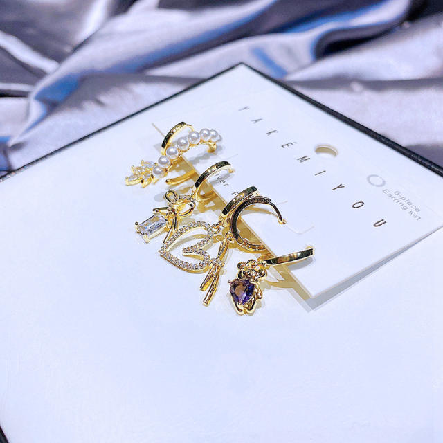 Korean fashion cute diamond bear bow huggie earrings set