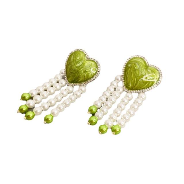 Enamel heart pearl beads tassel earrings