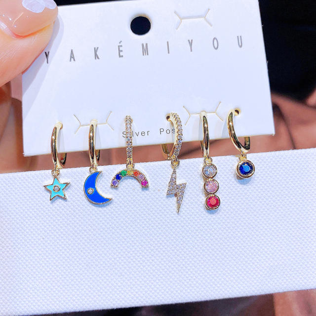 6pcs real gold plated rainbow flash huggie earrings set