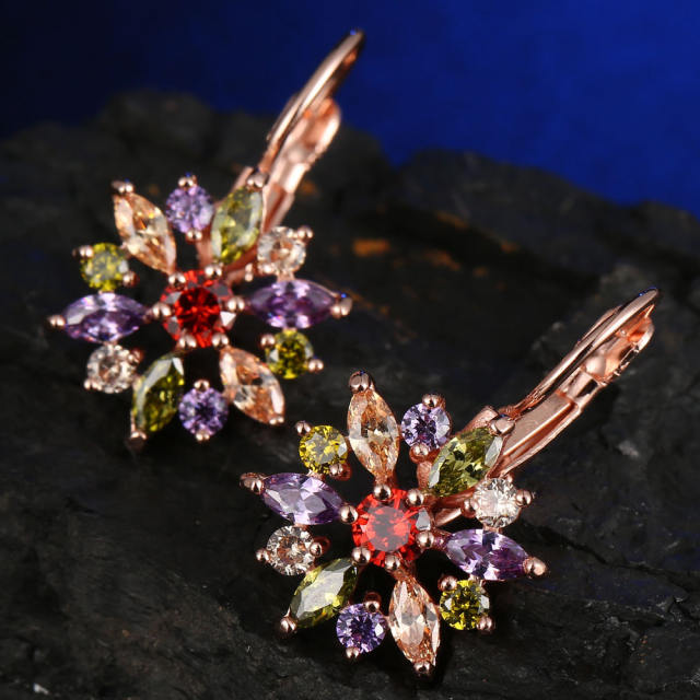 Colored cubic zircon flower huggie earrings