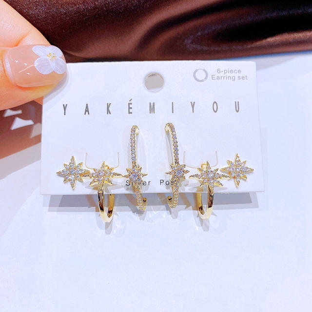 925 sterling silver needle diamond star huggie earrings set
