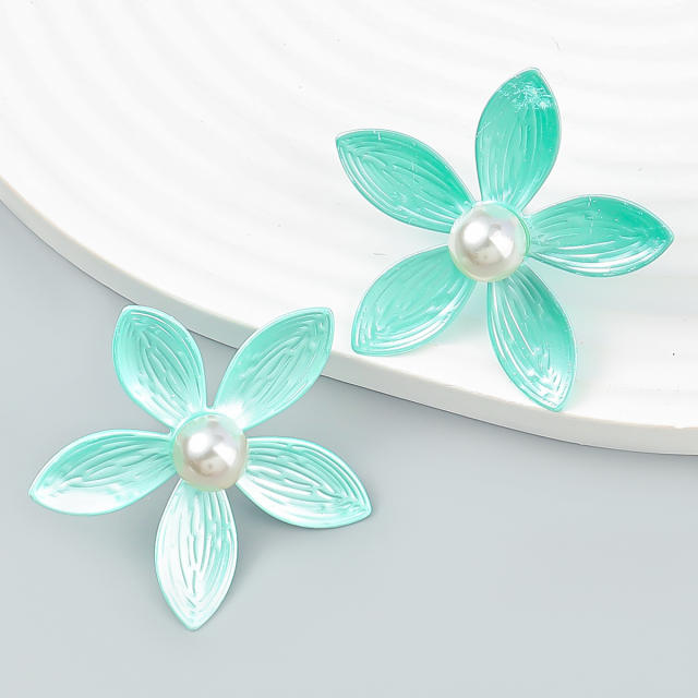 Pearl beads color flower ear studs