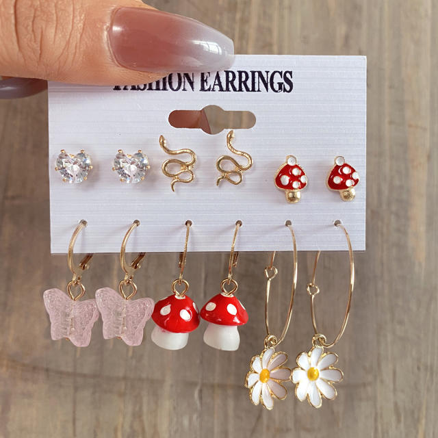 Cute mushroom flower snake earrings set