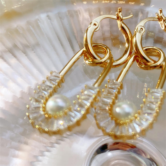 Unique cubic zircon pearl paperclip dangle earrings