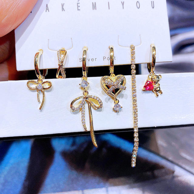 Elegant real gold plated heart charm huggie earrings set