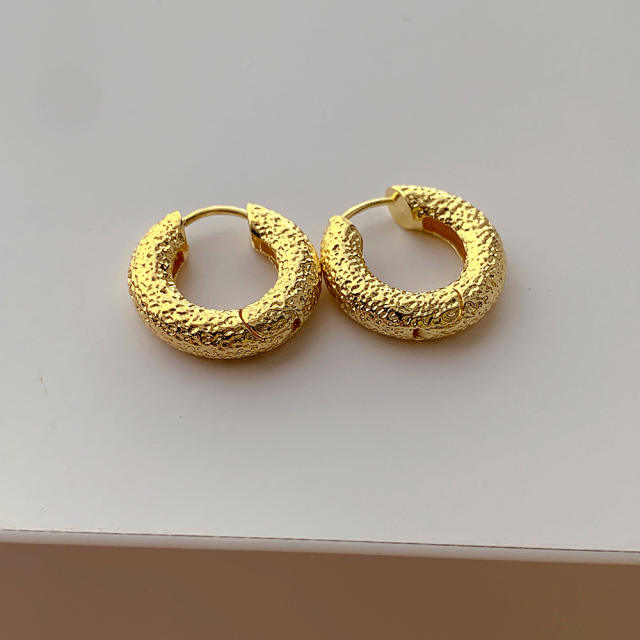 INS vintage metal pattern real gold plated huggie earrings