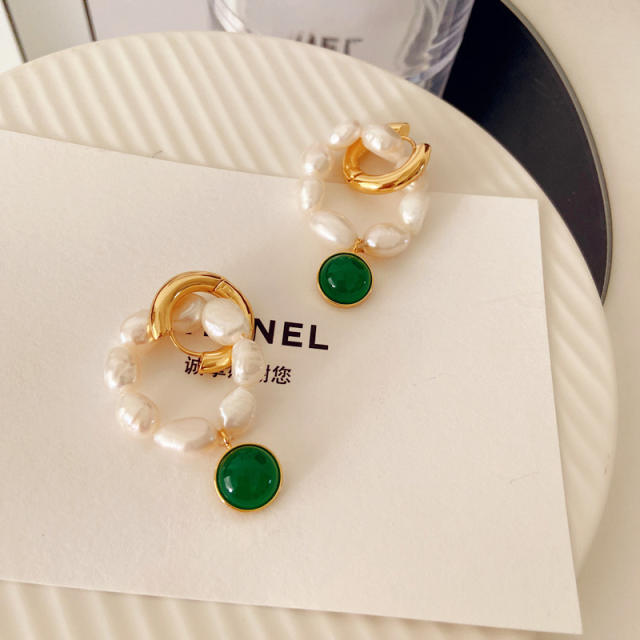 Vintage water pearl real gold plated huggie earrings dangle earrings