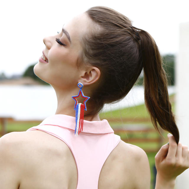 Handmade color beaded tassel star dangle earrings