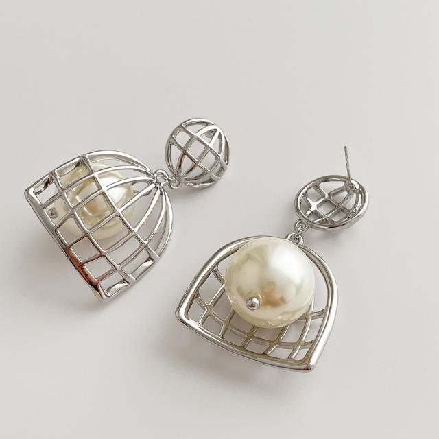 New a wire fence wrapped pearl earrings