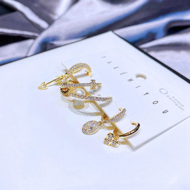 6pcs pave setting rhinestone huggie earrings set